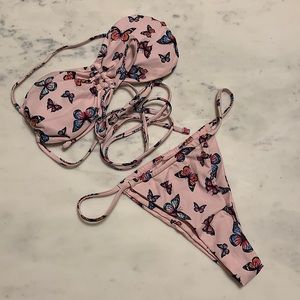 Pink Butterfly Print Bikini Swimsuit